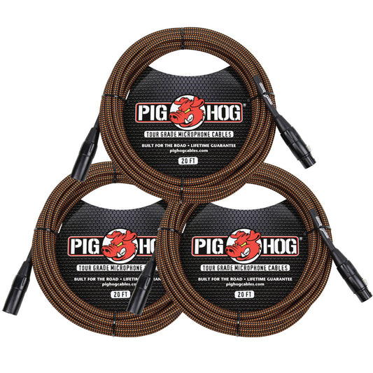 3 PACK Pig Hog PHM20ORG Black & Orange Woven Microphone Cable, 20ft XLR - NEW