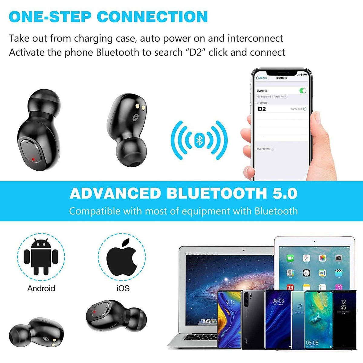 Bluetooth 5.0 Wireless Earbuds 2000mAh Charging Case Stereo Headphones