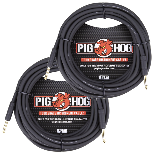 2 Pack Pig Hog Black 25ft 1/4" Guitar Instrument Cable Mono Patch Cord PH25 - NEW