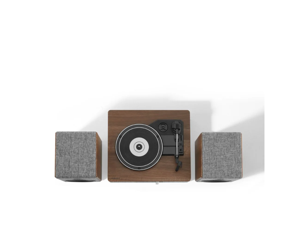 Crosley Aria Shelf System CR7020A With 3 Speed Turntable + Built-in Bluetooth, Gray -NEW