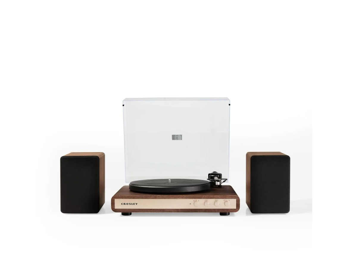 Crosley C65  Record Player with speakers system Belt-Drive 2-Speed  Turntable Record Walnut and Gold- NEW