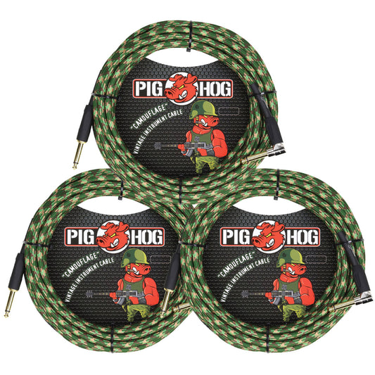 3 PACK Pig Hog Camouflage Instrument Cable 20ft Foot Right Angle PCH20CFR Lifetime Warranty!