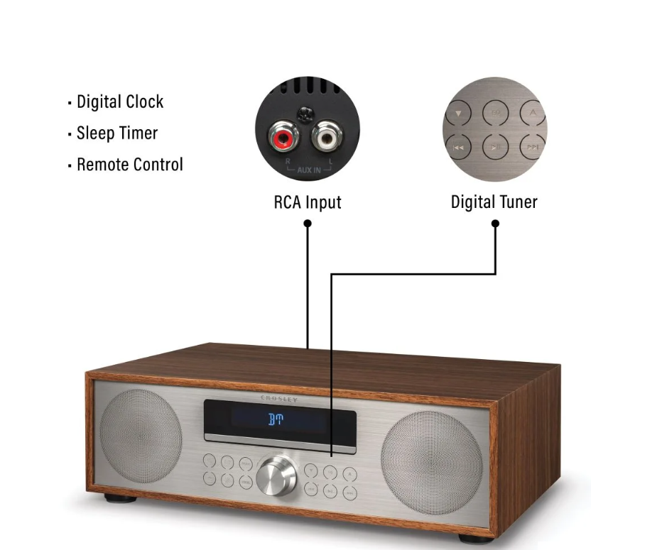 Crosley CR3501A Fleetwood Clock Radio & CD Player With Bluetooth -Walnut -NEW