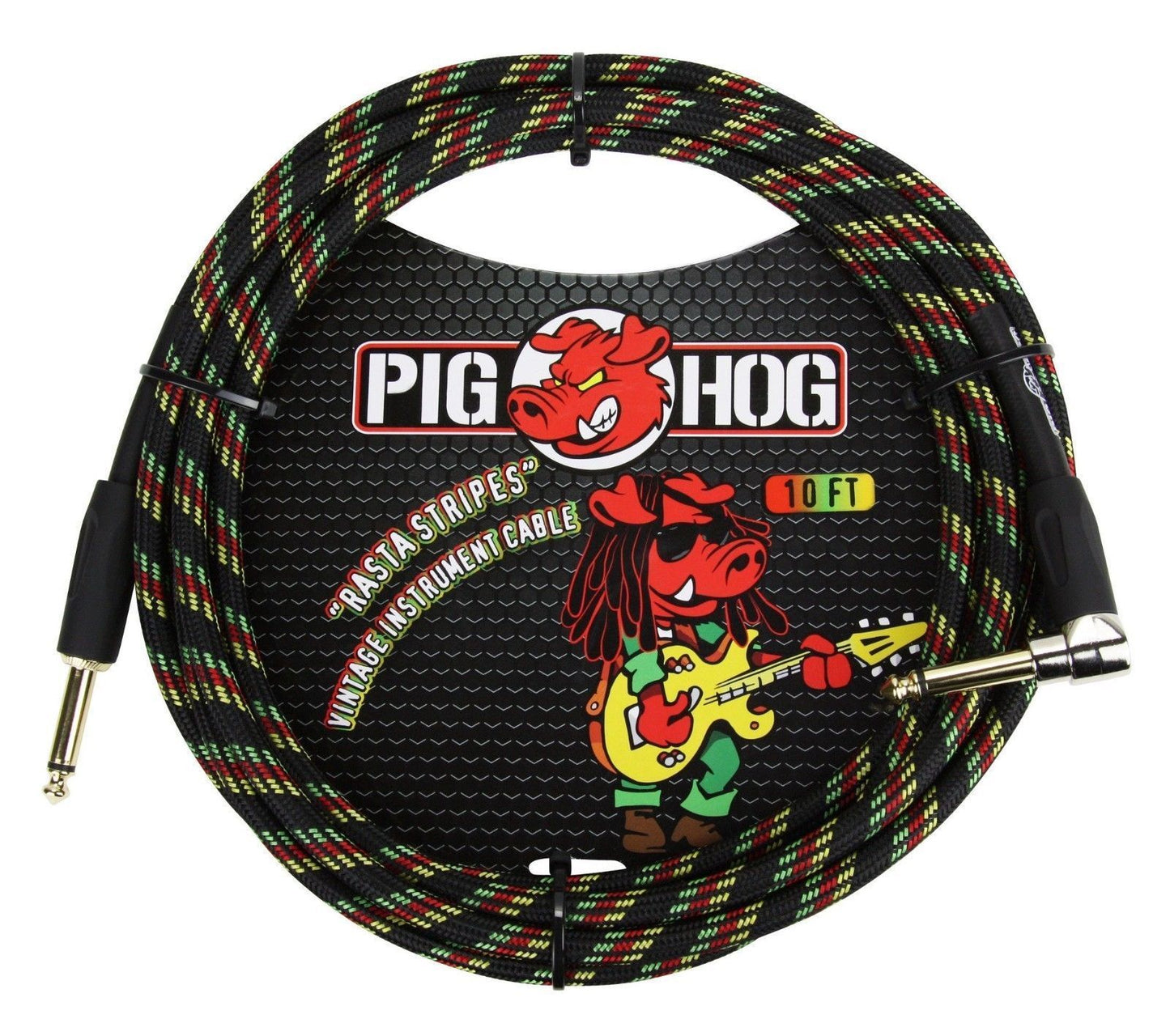 4 - Pack Pig Hog PCH10RAR 1/4" Straight to 1/4" Right-Angle Rasta Instrument Cable 10FT - NEW