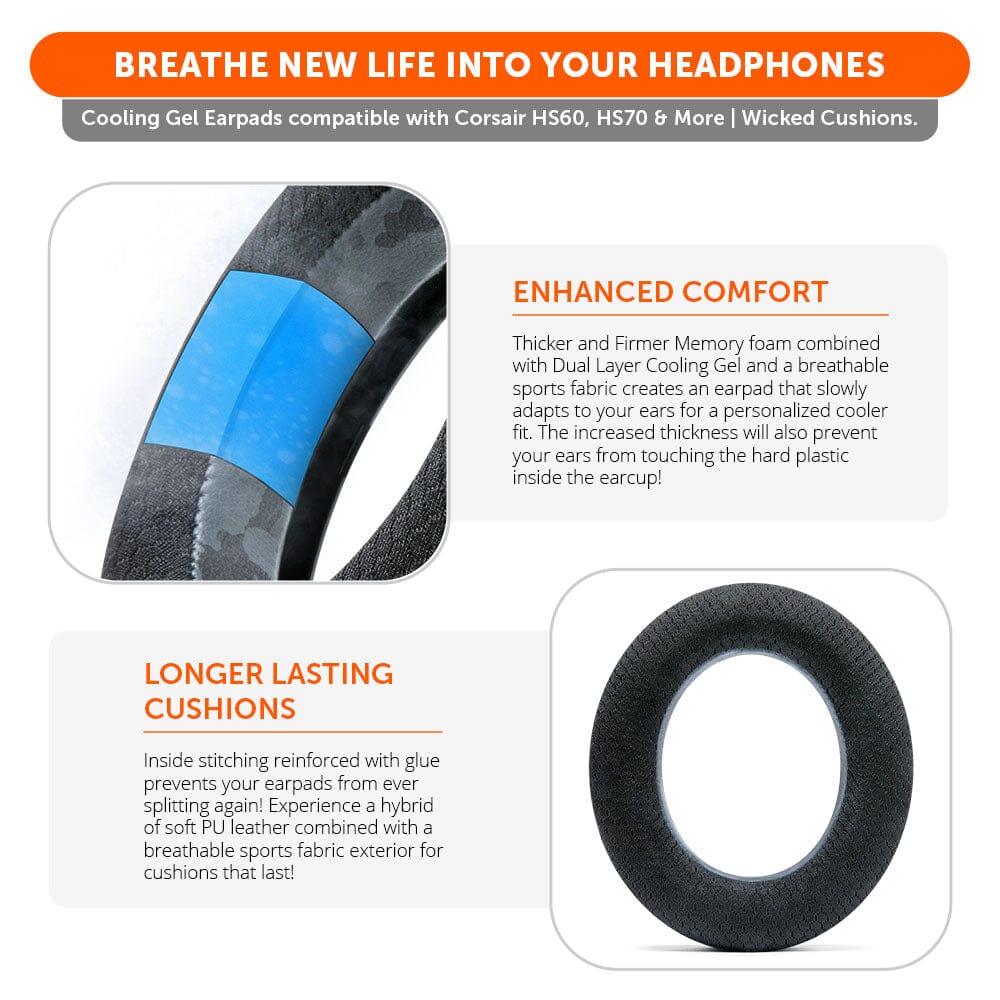WC FreeZe Cooling Gel Dual Layer Earpads for Corsair HS50 HS60 HS70 Headsets