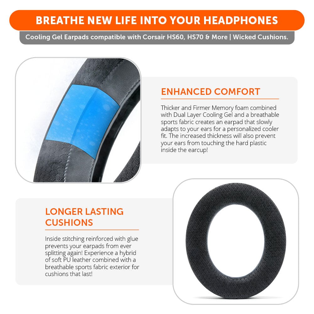 WC FreeZe Cooling Gel Dual Layer Earpads for Corsair HS50 HS60 HS70 Headsets