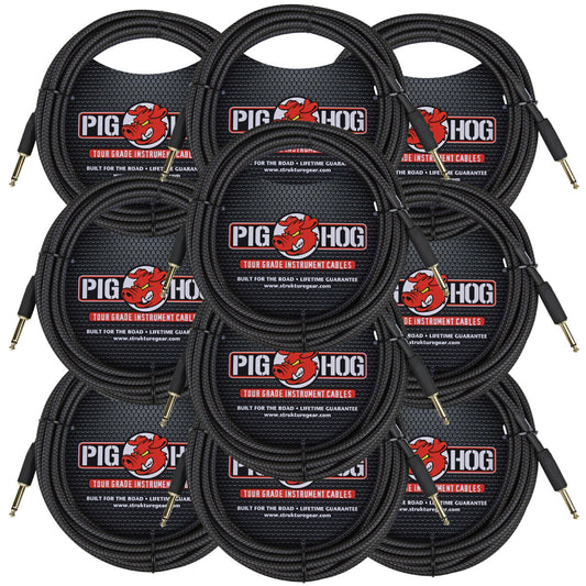 10 Pack Pig Hog PCH20BK Woven Black Vintage Series Instrument Cable, 20 Ft - New