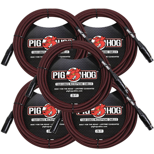 5 Pack Pig Hog Black & Red High Performance Woven XLR 20 ft Microphone Cable PHM20BRD  Lifetime Warr