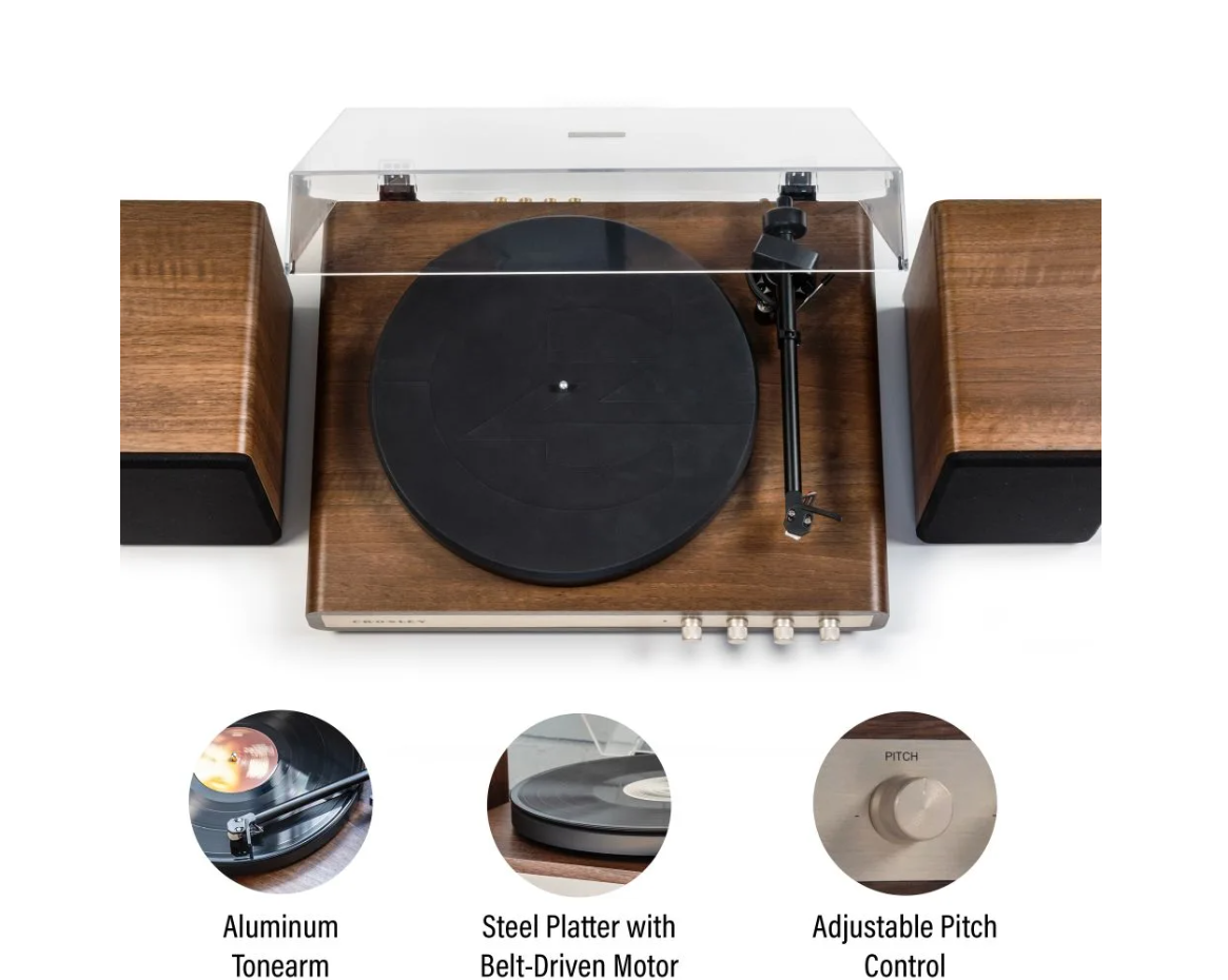 Crosley C65  Record Player with speakers system Belt-Drive 2-Speed  Turntable Record Walnut and Gold- NEW