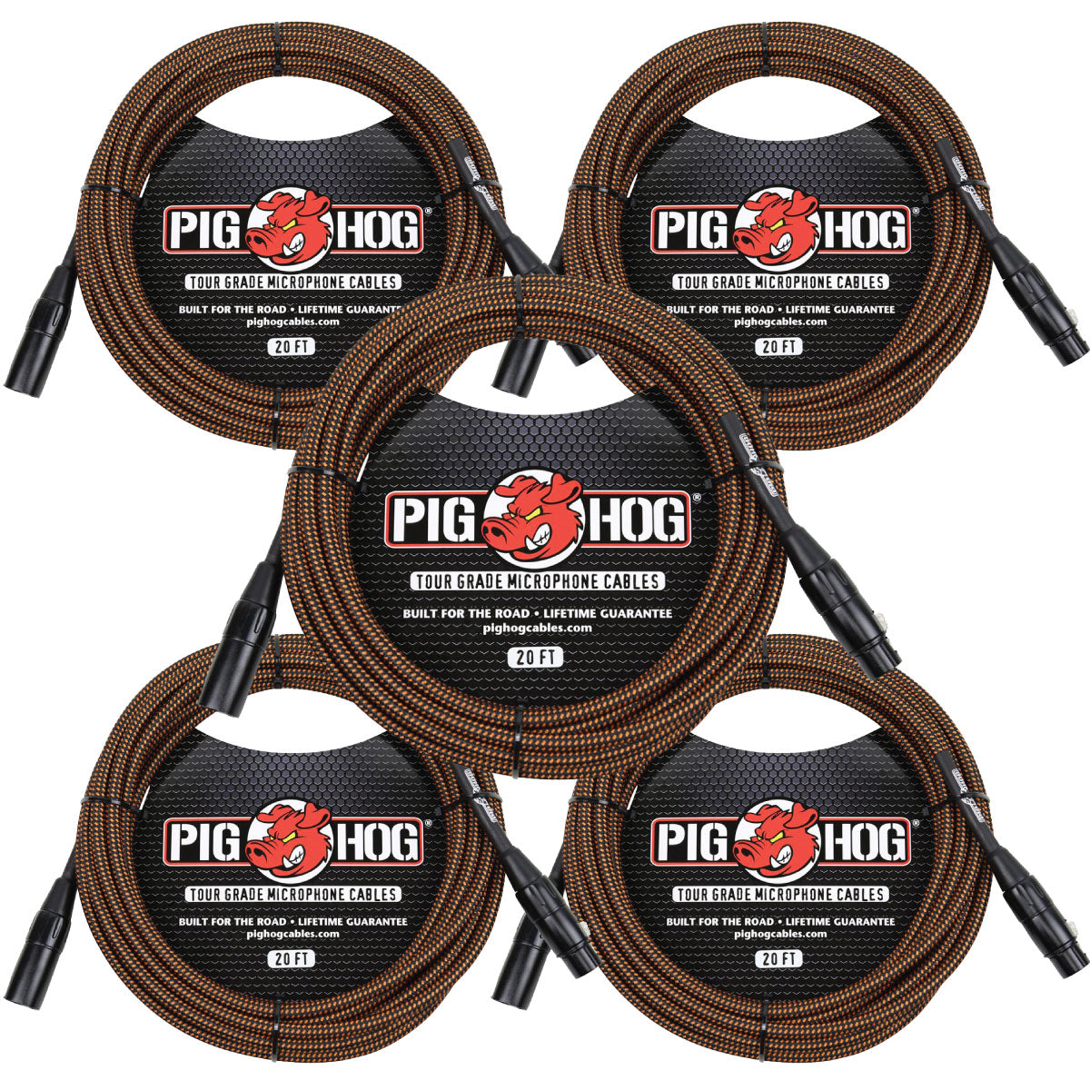 5 PACK Pig Hog PHM20ORG Black & Orange Woven Microphone Cable, 20ft XLR - NEW