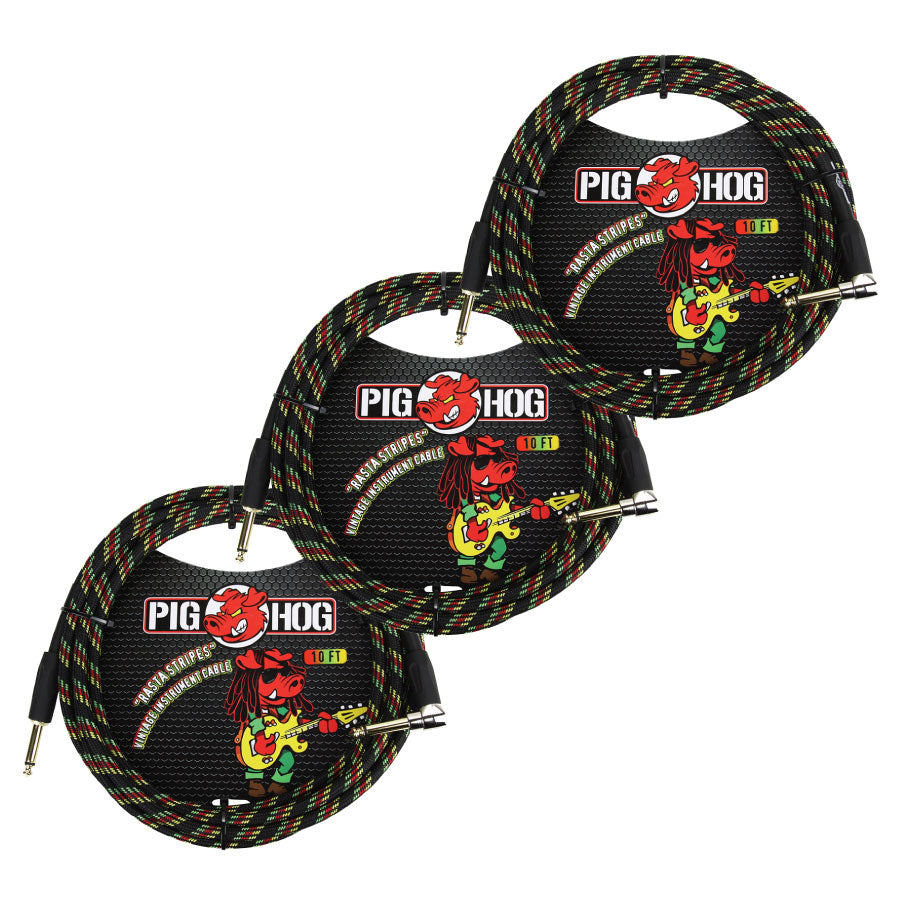 3 - Pack Pig Hog PCH10RAR 1/4" Straight to 1/4" Right-Angle Rasta Instrument Cable 10FT - NEW