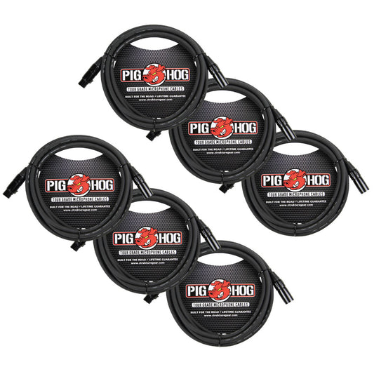 6 Pack Pig Hog PHM10 Tour-Grade XLR Male to Female Mic Cable - 10'