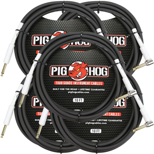 5 Pack Pig Hog PH10R Tour Grade 1/4" TS Straight to Right Angle Instrument Cable - 10'