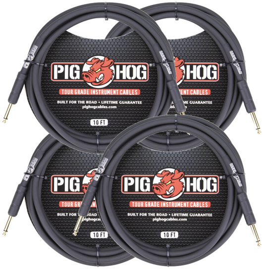 New - 4 Pack Pig Hog PH10 Instrument Tour Grade 1/4-1/4inch 10ft 8mm Black Cable