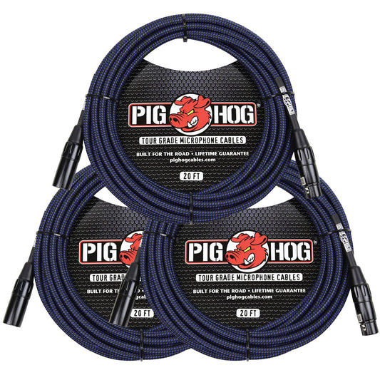 3 Pack Pig Hog B&B High Performance Woven XLR Microphone 20ft Cable PHM20BBL Lifetime Warranty!