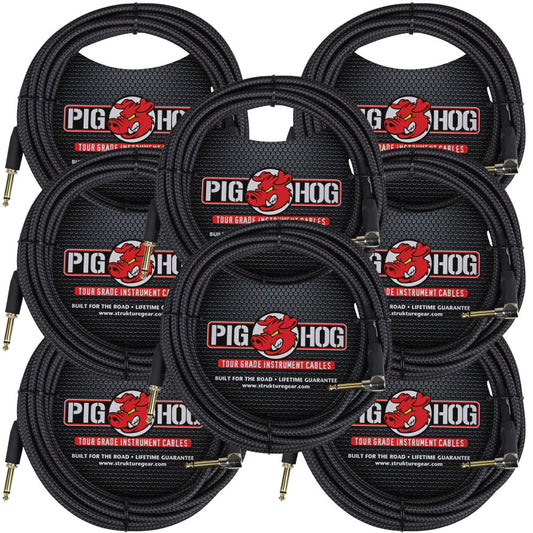 8 Pack Pig Hog PCH20BKR Black Woven ¼” TO ¼” Right Angle Instrument Cable, 20ft