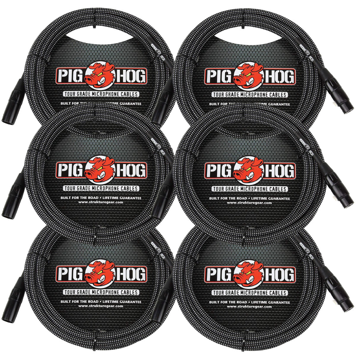 6 Pack Pig Hog PHM20BKW XLR High Performance Black & White Microphone Cable, 20 Ft NEW