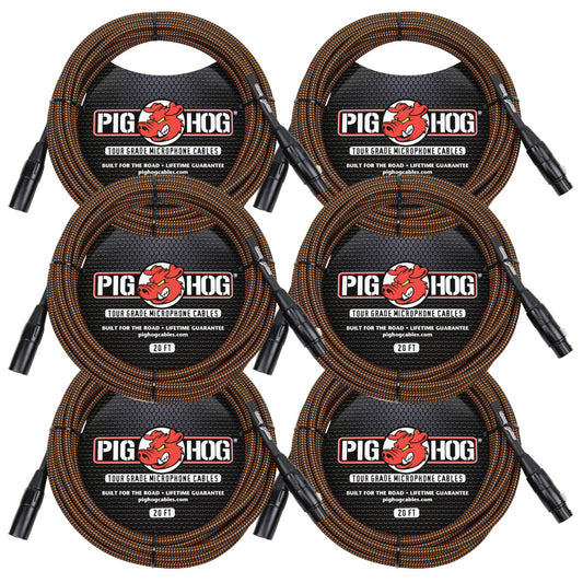 6 PACK Pig Hog PHM20ORG Black & Orange Woven Microphone Cable, 20ft XLR - NEW