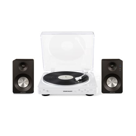 Crosley KT400A Fully Automatic Bluetooth 2-Speed Turntable with S100A Stereo Speakers, White-NEW