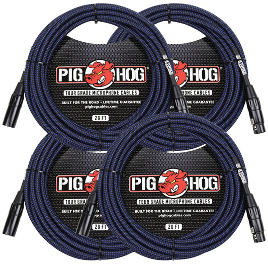 4 Pack Pig Hog Black & Blue High Performance Woven XLR Microphone 20ft Cable PHM20BBL Lifetime Warra