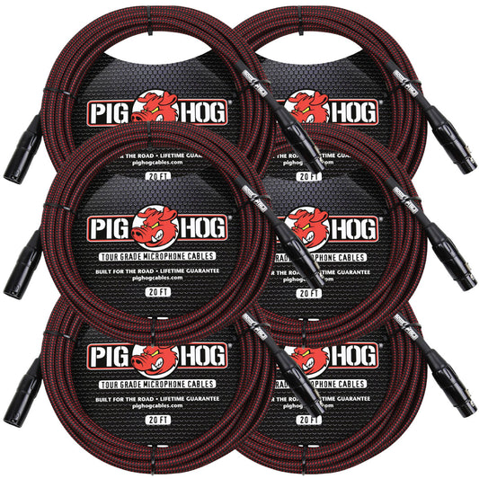 6 Pack Pig Hog Black & Red High Performance Woven XLR 20 ft Microphone Cable PHM20BRD  Lifetime Warr