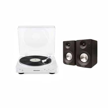 Crosley KT400A Fully Automatic Bluetooth 2-Speed Turntable with S100A Stereo Speakers, White-NEW