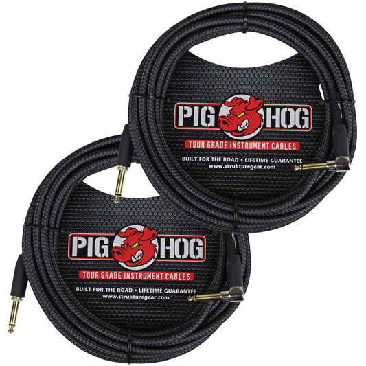 2 Pack Pig Hog PCH20BKR 1/4" TS Right-Angle to Straight Instrument/Guitar Cable - 20'
