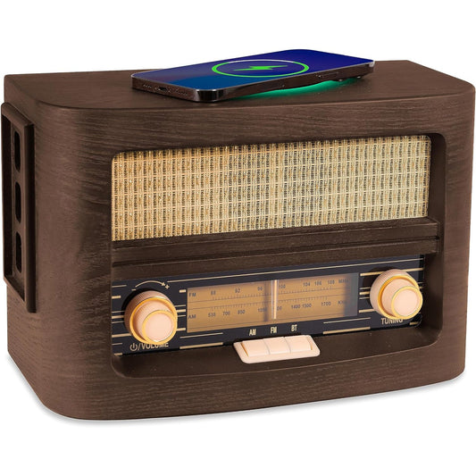 Vintage Wooden Radio with Bluetooth and Qi Charging Fuse Vint