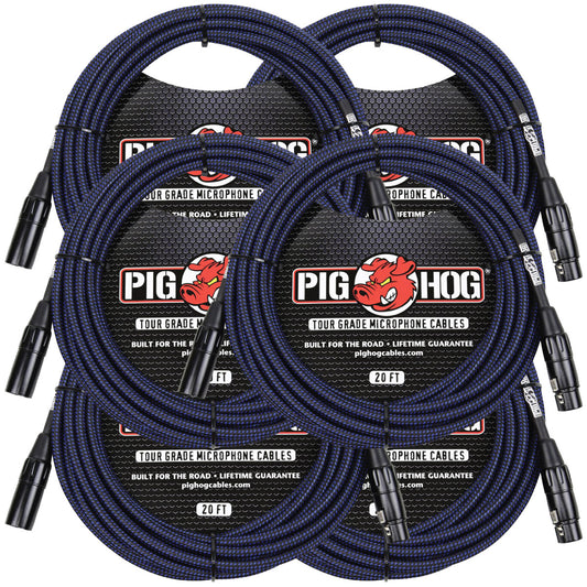 6 Pack Pig Hog Black & Blue High Performance Woven XLR Microphone 20ft Cable PHM20BBL Lifetime Warra