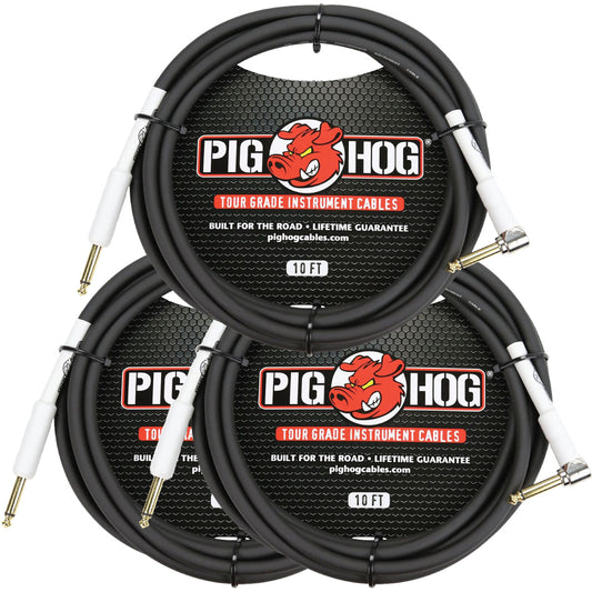 Pig Hog 10ft 1/4' TS Straight to Right Angle Instrument Cable 3 Pack