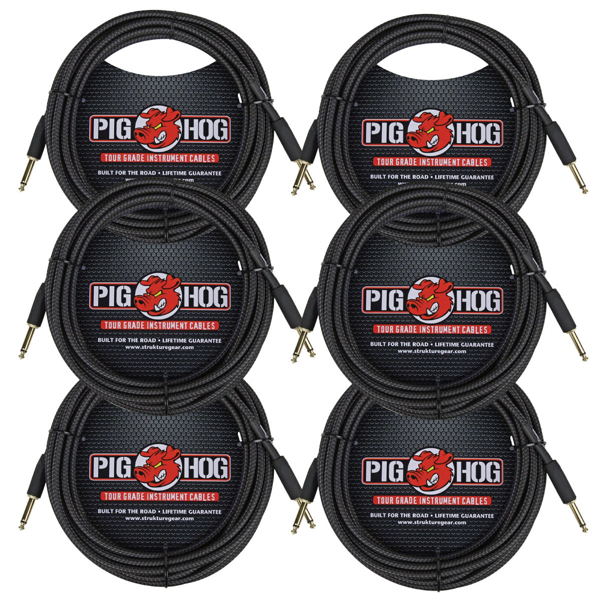 6 Pack Pig Hog PCH20BK Woven Black Vintage Series Instrument Cable, 20 Ft - New