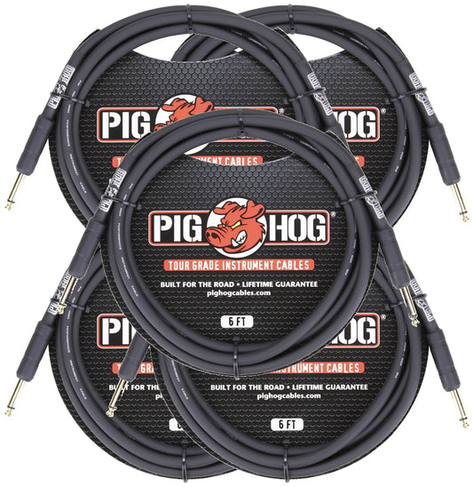 New - 5 Pack Pig Hog PH6  8mm 1/4 Straight Instrument Guitar Cord 6 Feet Patch Cable Black