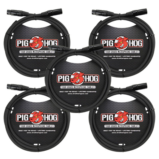 5 Pack Pig Hog PHM6 Tour Grade XLR Male to Female Mic Cable - 6'