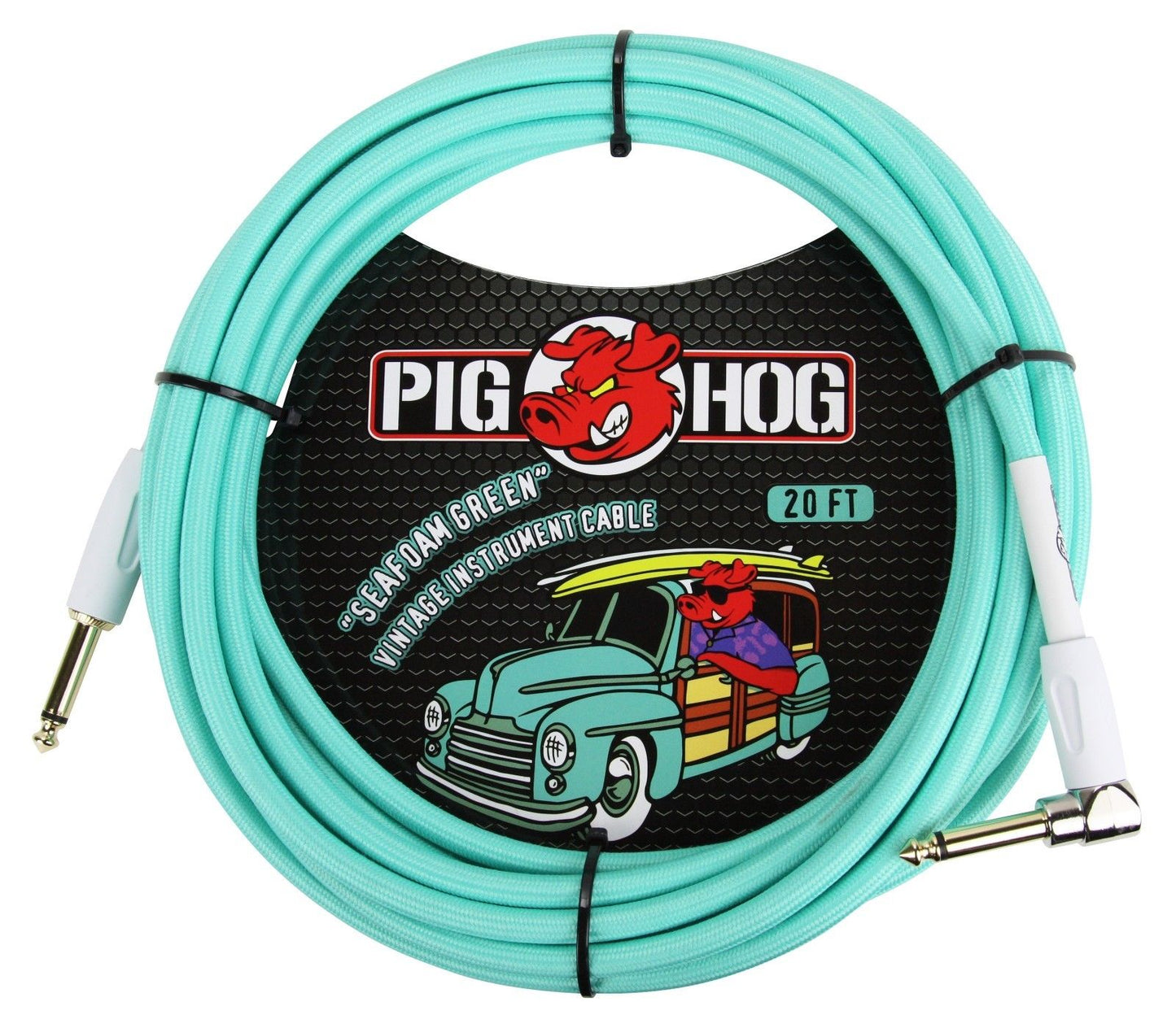 3 - Pack Pig Hog PCH20SGR Right Angle Vintage Woven Instrument Guitar Cable 20ft Seafoam Green - NEW