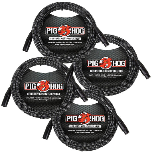 4 Pack Pig Hog PHM20BKW XLR High Performance B&W Microphone Cable, 20 Ft - New