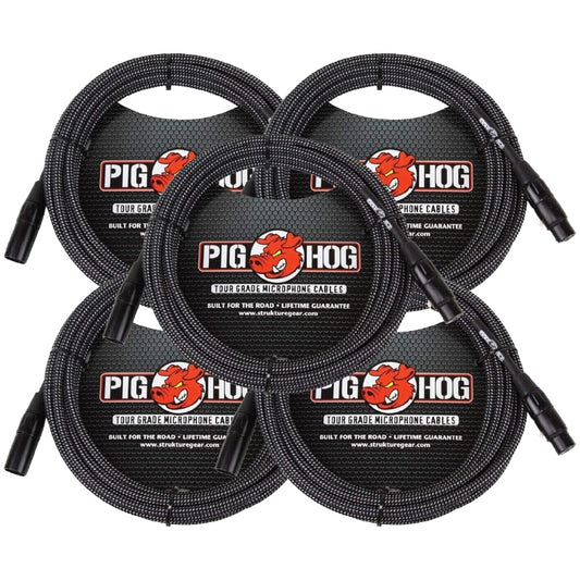 New - 5 Pack Pig Hog PHM30BKW BLACK & WHITE WOVEN MIC CABLE, 30FT XLR