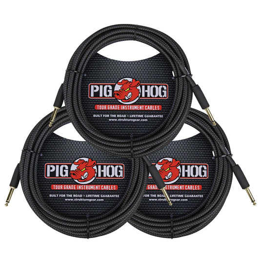 3 Pack Pig Hog PCH20BK Woven Black Vintage Series Instrument Cable, 20 Ft - New