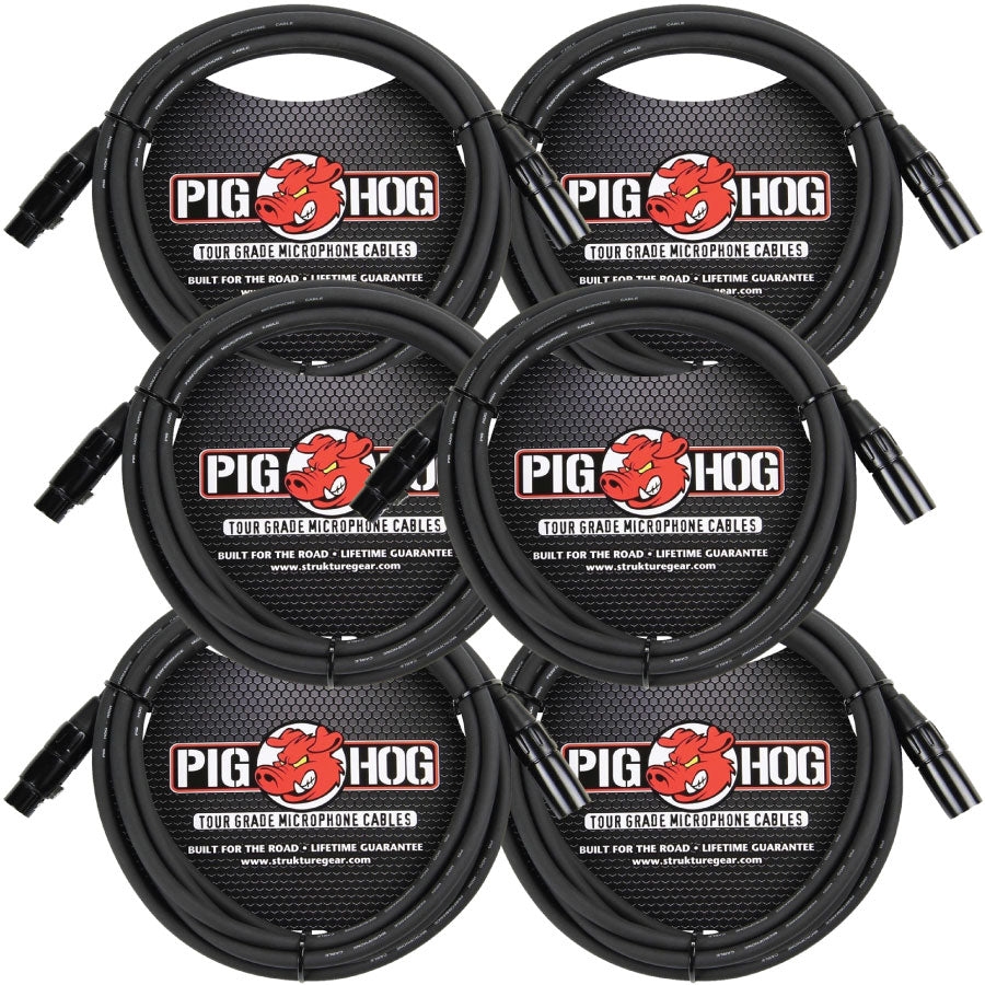 6 Pack PIG Hog PHM15 8mm microphone cable, XLR 15FT-new