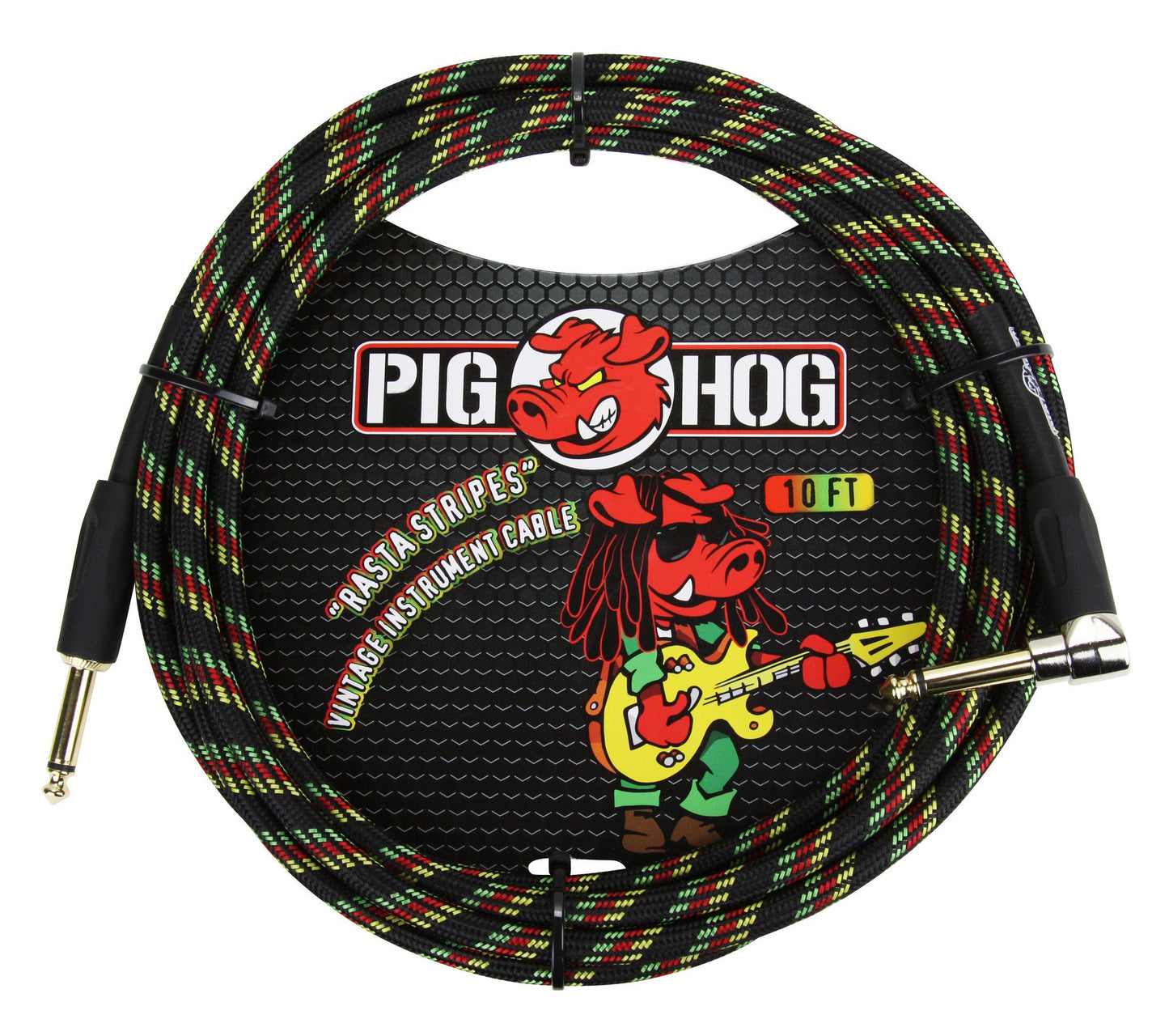 Pig Hog PCH10RAR Instrument Cable, 1/4" Straight to 1/4" Right Angle, Rasta Stripe Woven, 10"ft