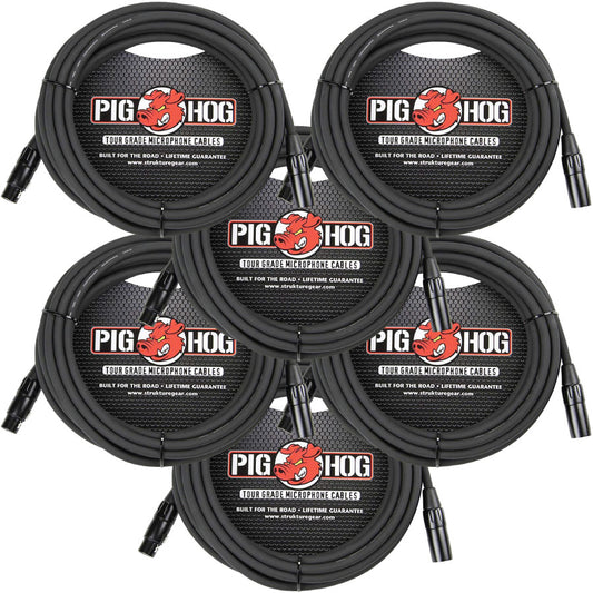 6 - Pack Pig Hog PHM25 XLR High Performance 8mm Microphone Black Cable, 25 Ft - NEW