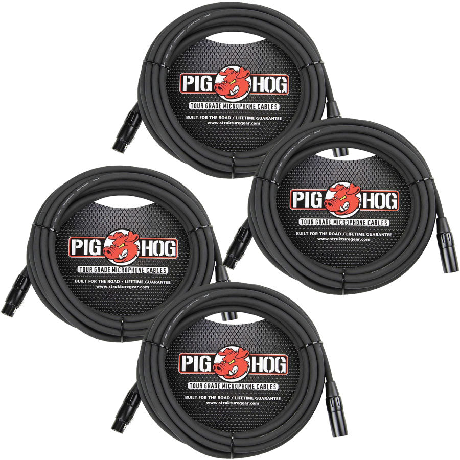 4 Pack Pig Hog PHM25 Tour Grade XLR Male to Female Mic Cable - 25" New