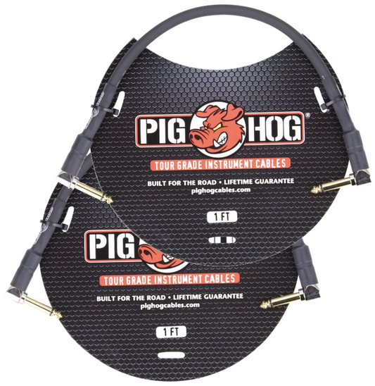 New - 2 Pack Pig Hog PH1RR 1/4 Right-Angle Instrument Guitar Cord Pedal 1ft Patch Black Cable