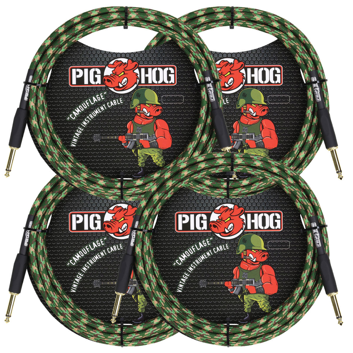 4 Pack Pig Hog Camouflage Instrument Cable 1/4' to 1/4' 10 Foot ft PCH10CF Lifetime Warranty!