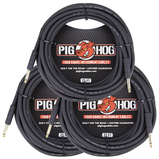 3 Pack Pig Hog Black 25ft 1/4" Guitar Instrument Cable Mono Patch Cord PH25 - NEW