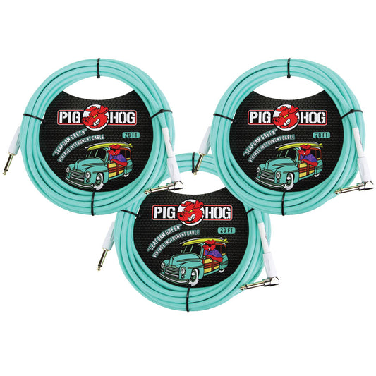 3 - Pack Pig Hog PCH20SGR Right Angle Vintage Woven Instrument Guitar Cable 20ft Seafoam Green - NEW