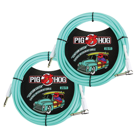 2 - Pack Pig Hog PCH20SGR Right Angle Vintage Woven Instrument Guitar Cable 20ft Seafoam Green - NEW