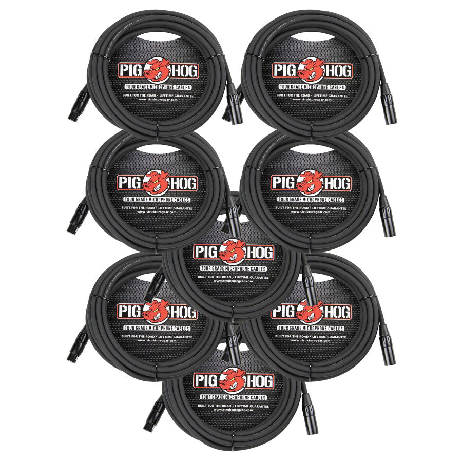 8 - Pack Pig Hog PHM25 XLR High Performance 8mm Microphone Black Cable, 25 Ft - NEW