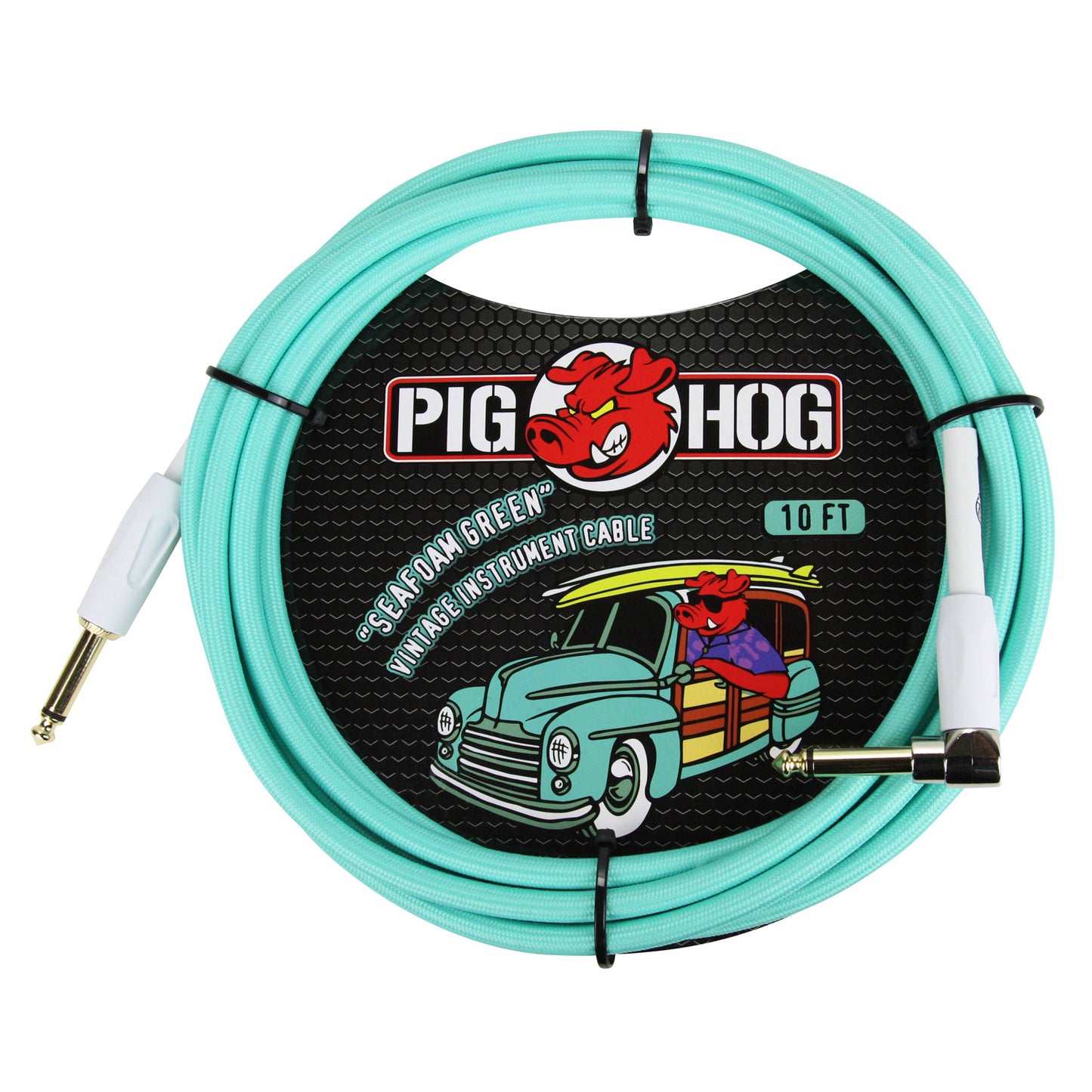 Pig Hog PCH10SGR 1/4' Straight to 1/4' Right-Angle Seafoam Green Instrument Cable, 10 feet