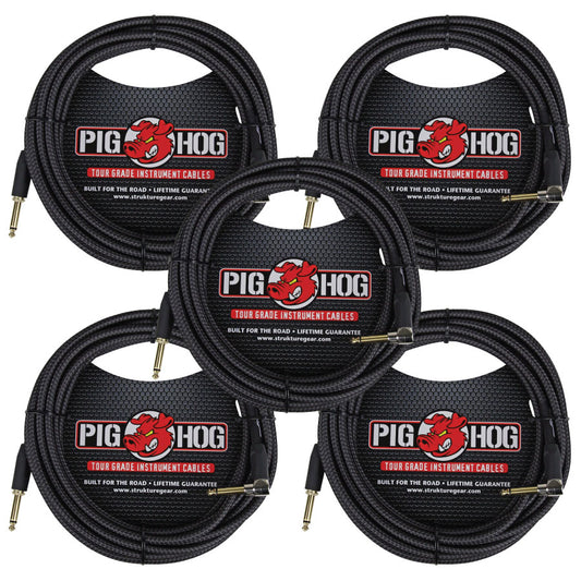 5 Pack Pig Hog PCH20BKR Black Woven ¼” TO ¼” Right Angle Instrument Cable, 20ft