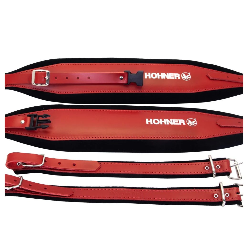 Hohner ACC21 Extra-Large Leather Accordion Strap with Back Strap - Red on Black-NEW